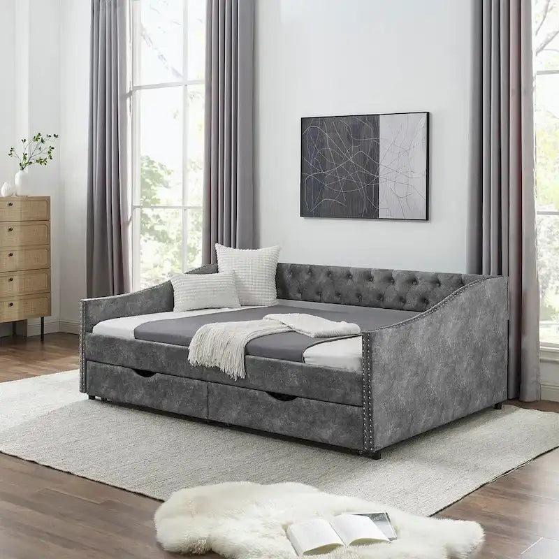 Divano letto imbottito in tufting a grandezza naturale con cassetti
