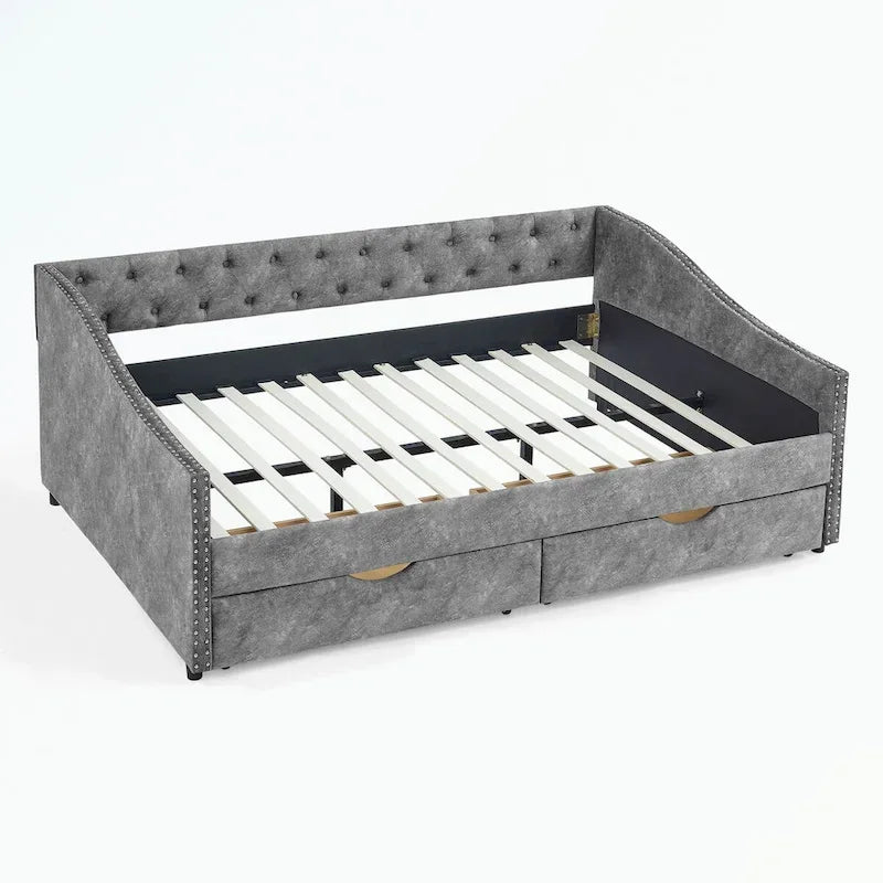 Divano letto imbottito in tufting a grandezza naturale con cassetti