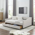 Divano letto imbottito in tufting a grandezza naturale con cassetti