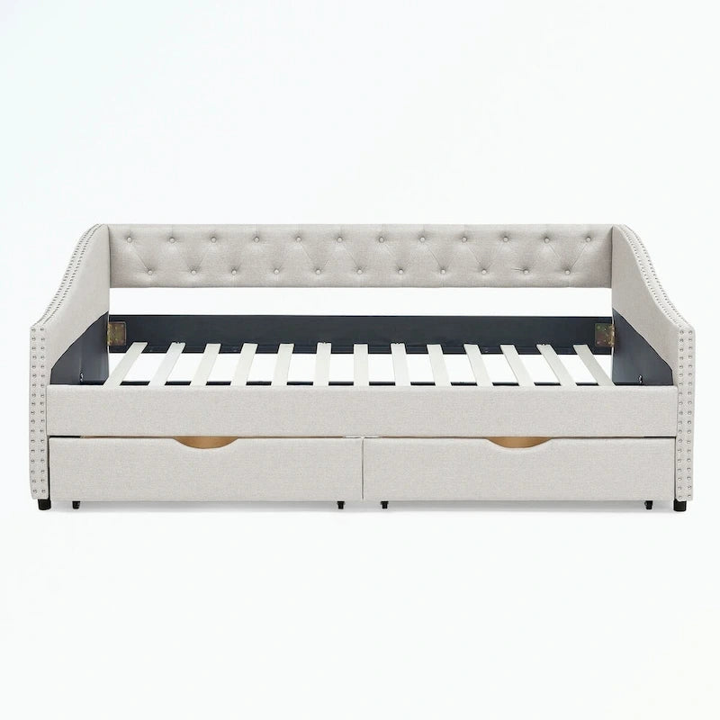 Divano letto imbottito in tufting a grandezza naturale con cassetti
