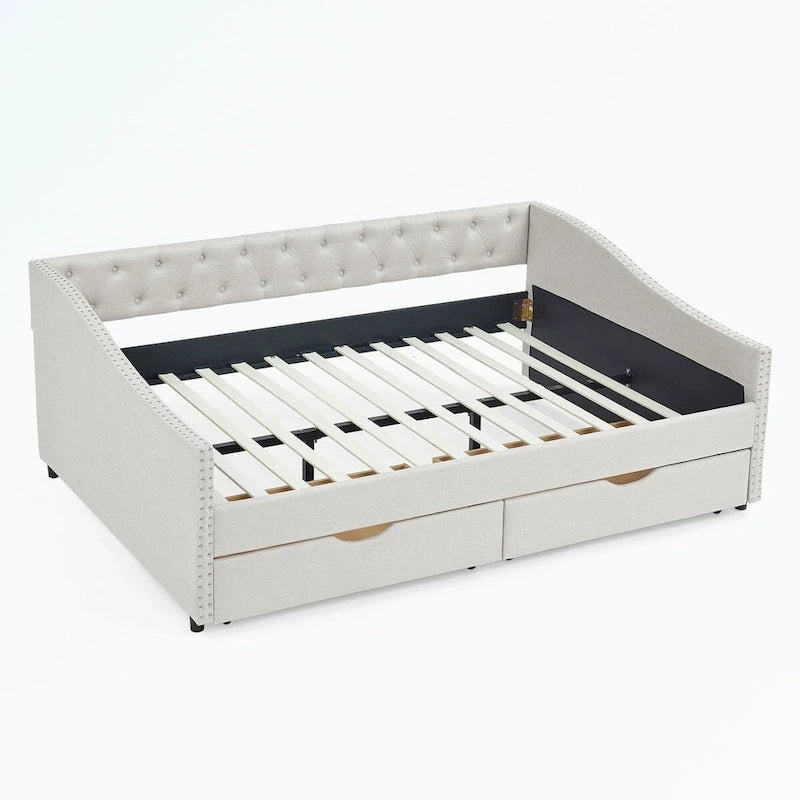 Divano letto imbottito in tufting a grandezza naturale con cassetti