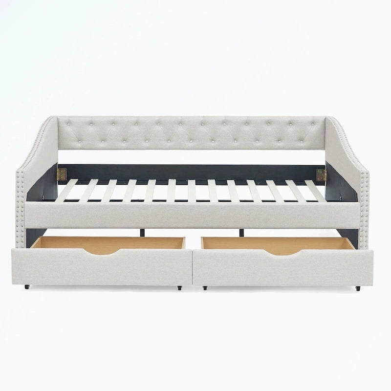 Divano letto imbottito in tufting a grandezza naturale con cassetti