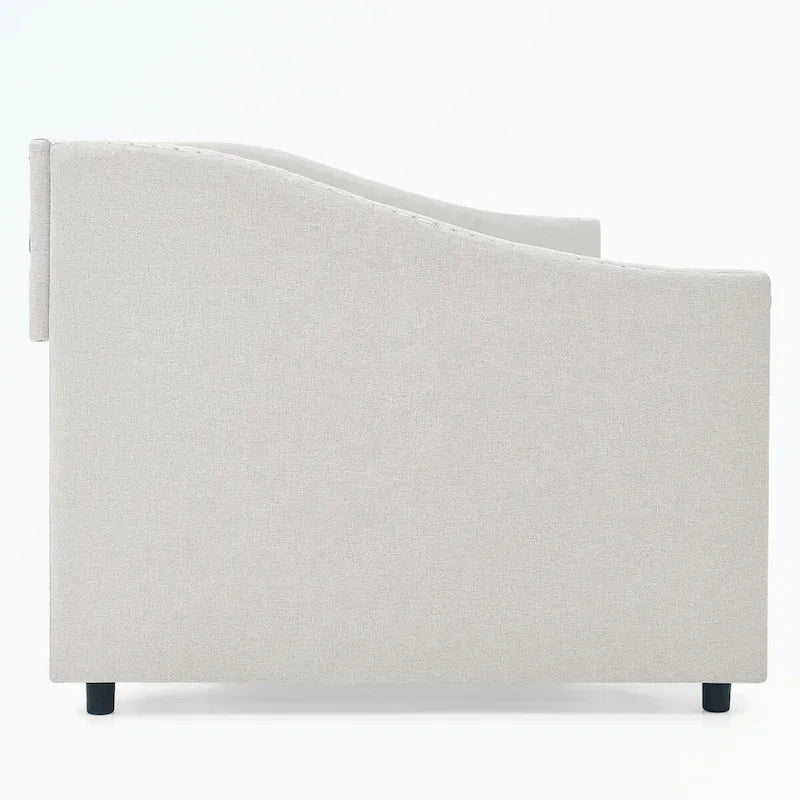 Divano letto imbottito in tufting a grandezza naturale con cassetti