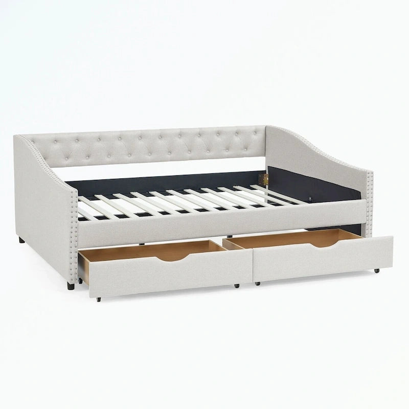 Divano letto imbottito in tufting a grandezza naturale con cassetti