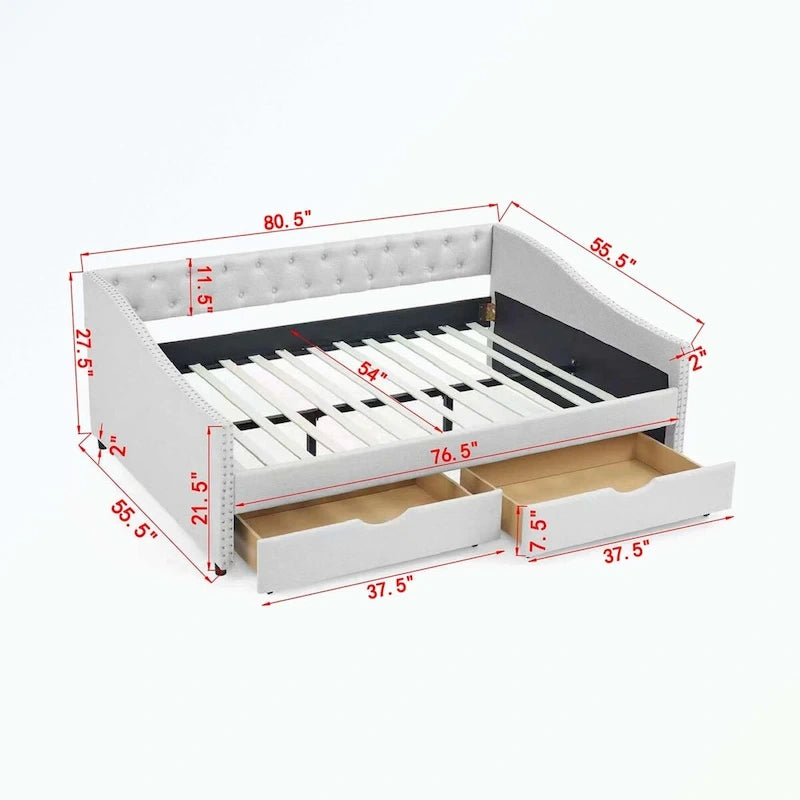 Divano letto imbottito in tufting a grandezza naturale con cassetti