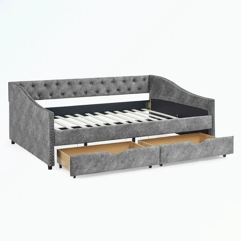Divano letto imbottito in tufting a grandezza naturale con cassetti