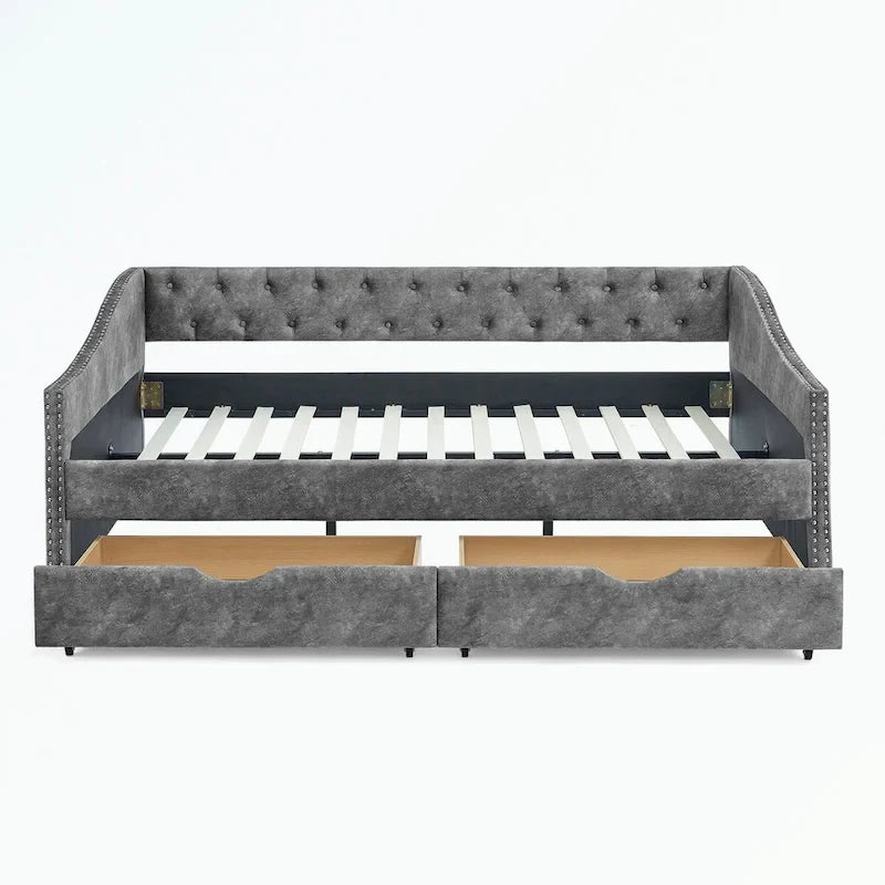 Divano letto imbottito in tufting a grandezza naturale con cassetti