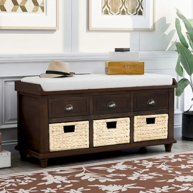 Panca Contenitore Rustica con 3 Cassetti e 3 Cesti in Rattan