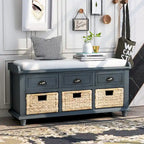 Panca Contenitore Rustica con 3 Cassetti e 3 Cesti in Rattan