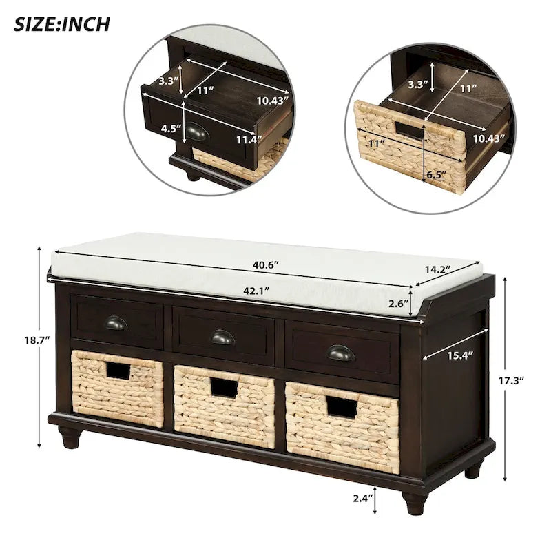 Panca Contenitore Rustica con 3 Cassetti e 3 Cesti in Rattan