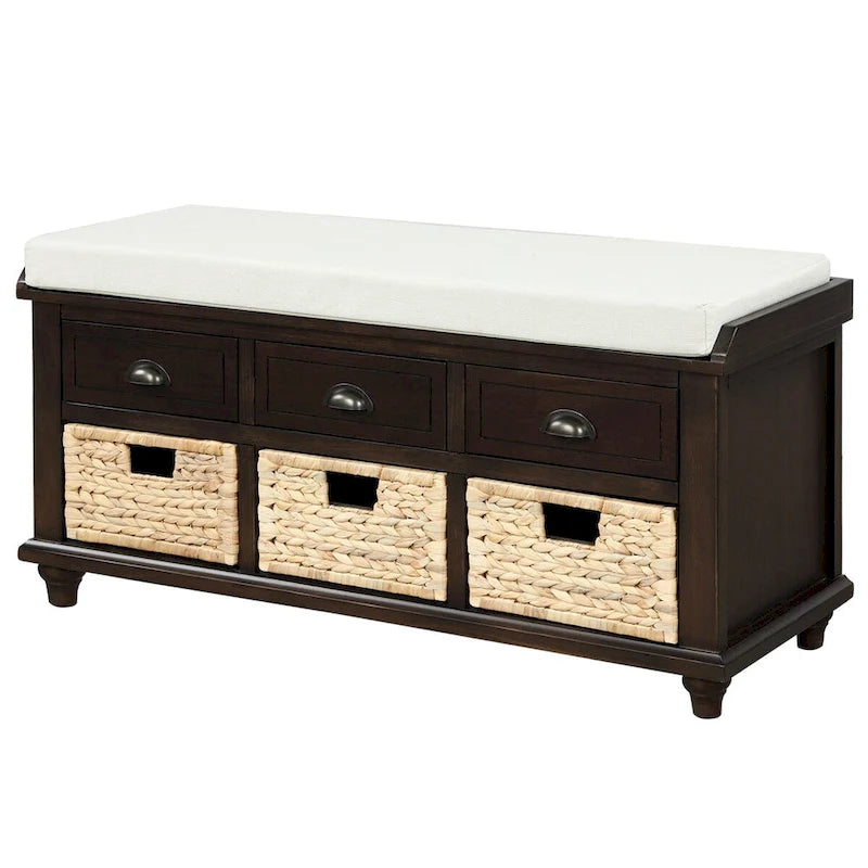 Panca Contenitore Rustica con 3 Cassetti e 3 Cesti in Rattan