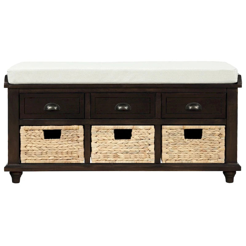 Panca Contenitore Rustica con 3 Cassetti e 3 Cesti in Rattan