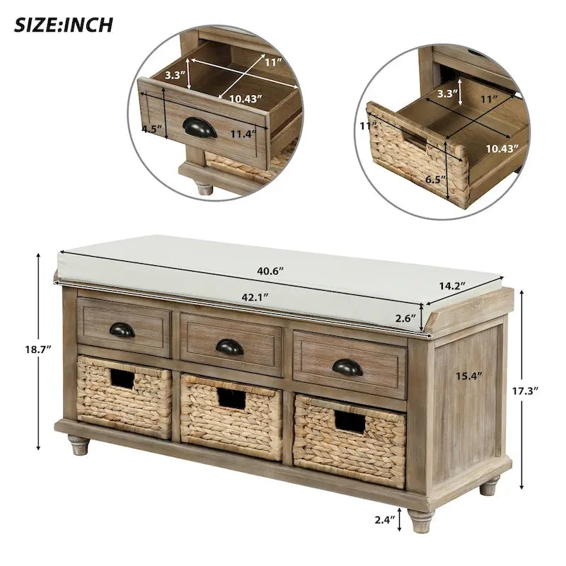 Panca Contenitore Rustica con 3 Cassetti e 3 Cesti in Rattan