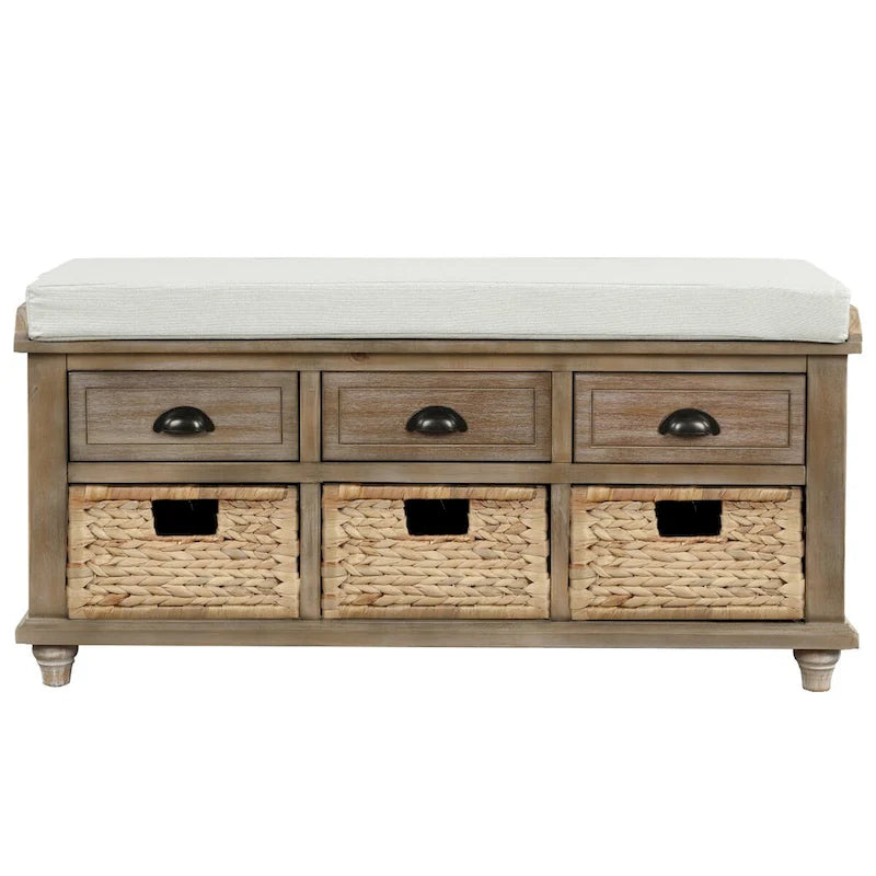Panca Contenitore Rustica con 3 Cassetti e 3 Cesti in Rattan