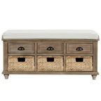 Panca Contenitore Rustica con 3 Cassetti e 3 Cesti in Rattan