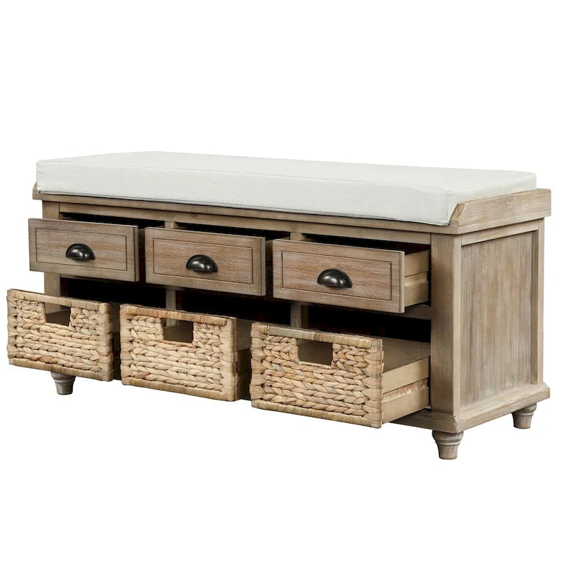 Panca Contenitore Rustica con 3 Cassetti e 3 Cesti in Rattan