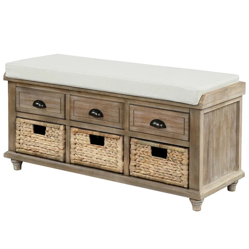 Panca Contenitore Rustica con 3 Cassetti e 3 Cesti in Rattan