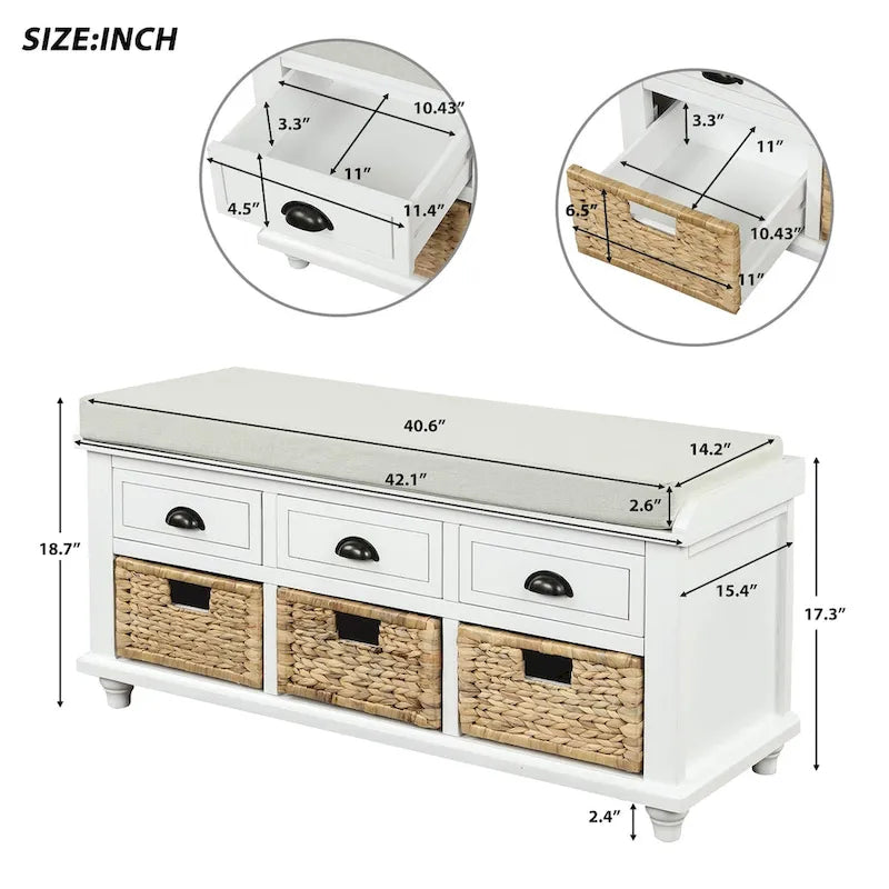 Panca Contenitore Rustica con 3 Cassetti e 3 Cesti in Rattan