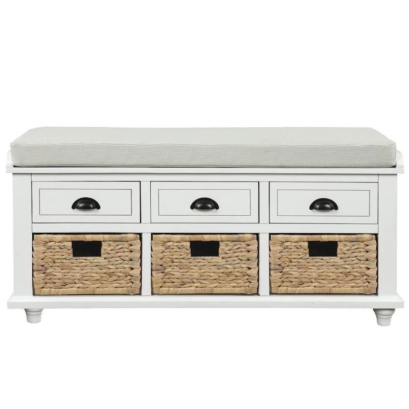 Panca Contenitore Rustica con 3 Cassetti e 3 Cesti in Rattan