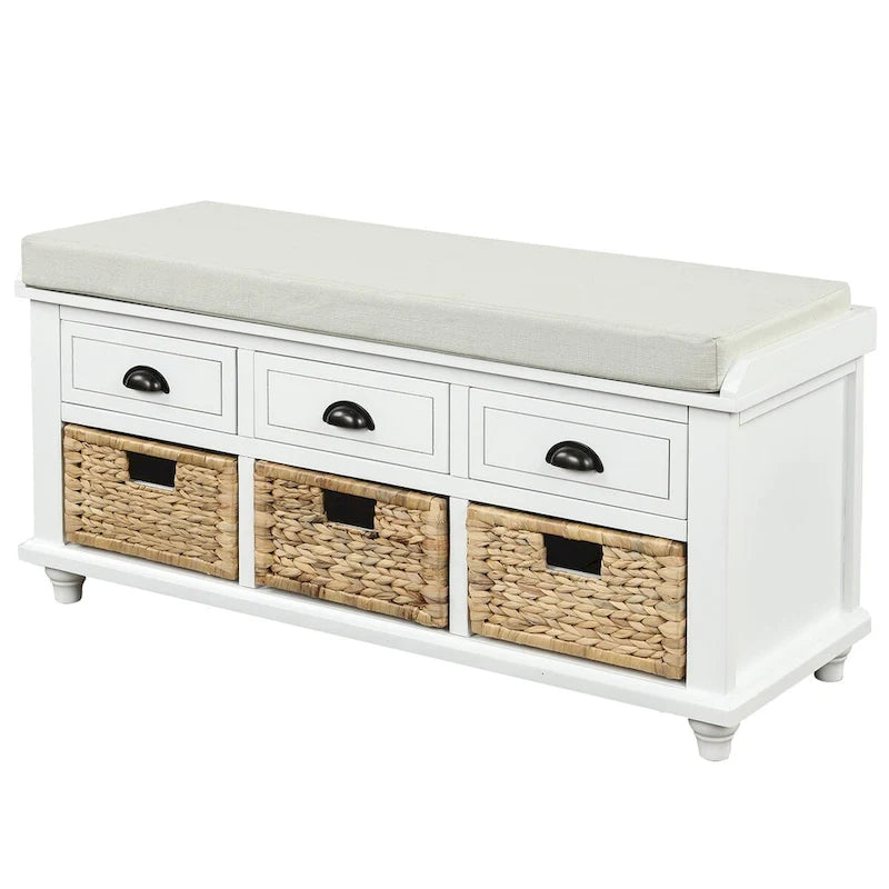 Panca Contenitore Rustica con 3 Cassetti e 3 Cesti in Rattan