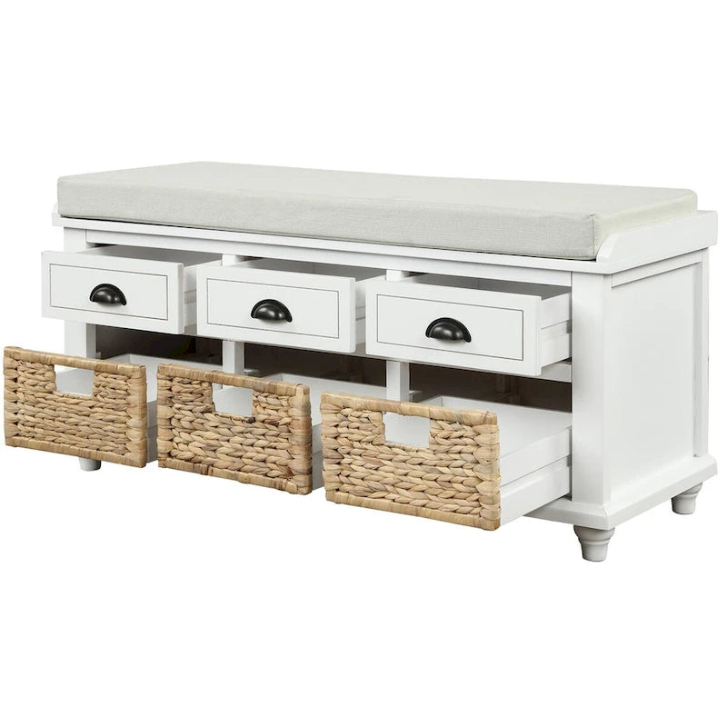 Panca Contenitore Rustica con 3 Cassetti e 3 Cesti in Rattan