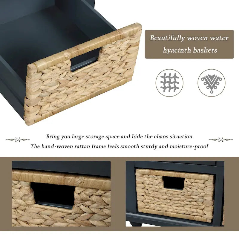 Panca Contenitore Rustica con 3 Cassetti e 3 Cesti in Rattan