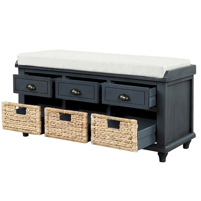 Panca Contenitore Rustica con 3 Cassetti e 3 Cesti in Rattan