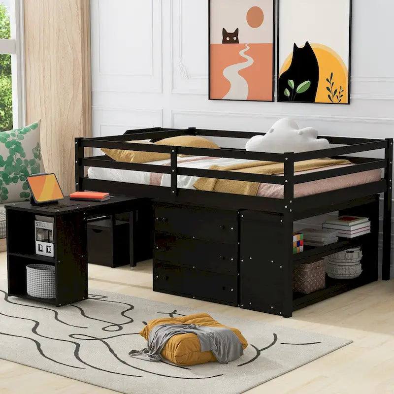 Full Size Solid Wood Loft Bed with Retractable Desk, Storage Stairs, Storage Drawers, and Shelves